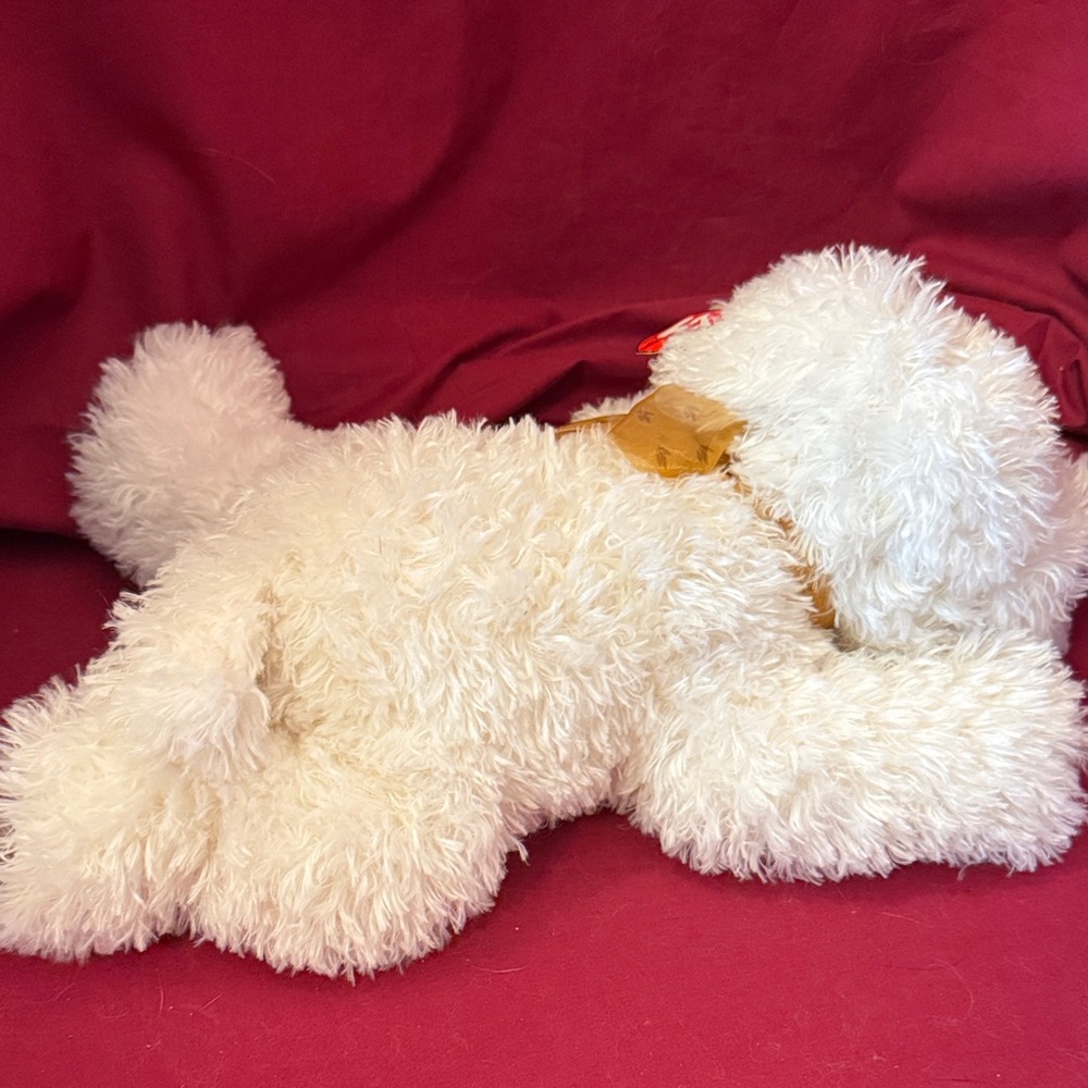 Ty White Shaggy Stuffed Dog with Gold Bow “Rabble” - Picture 6 of 9